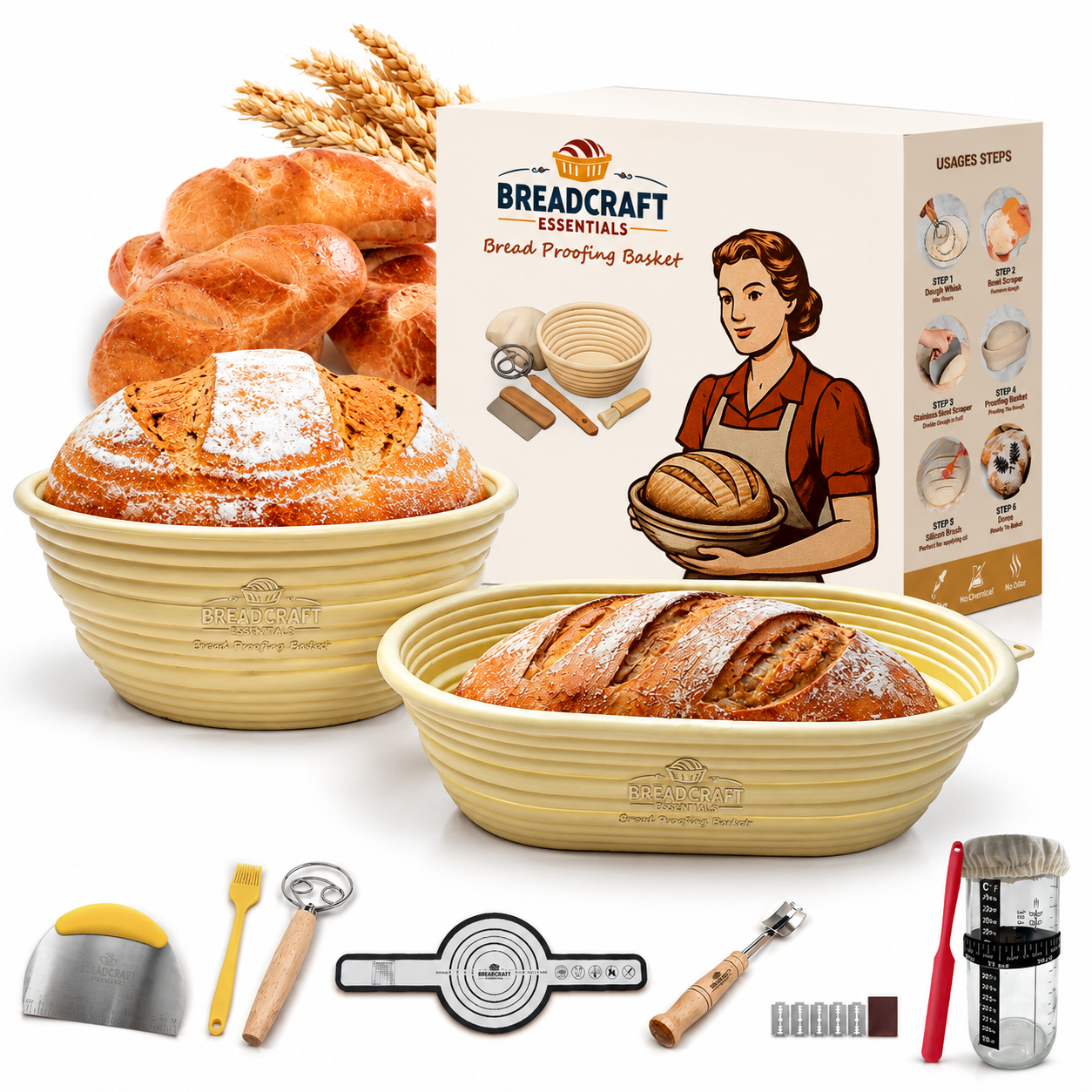 BREADCRAFT ESSENTIALS Silicone Bread Proofing Basket Set – 9-Inch Round & 10-Inch Oval