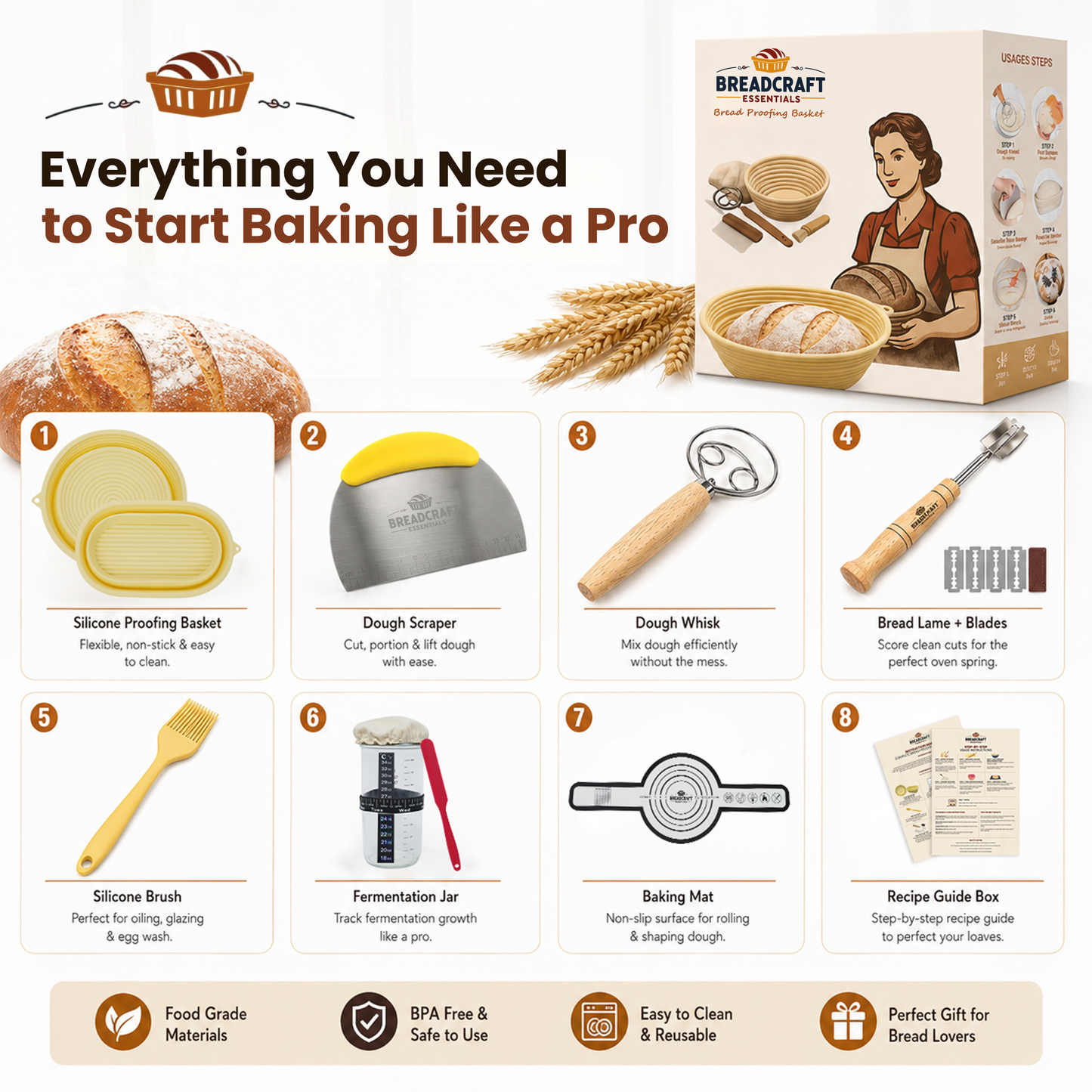 BREADCRAFT ESSENTIALS Silicone Bread Proofing Basket Set – 9-Inch Round & 10-Inch Oval