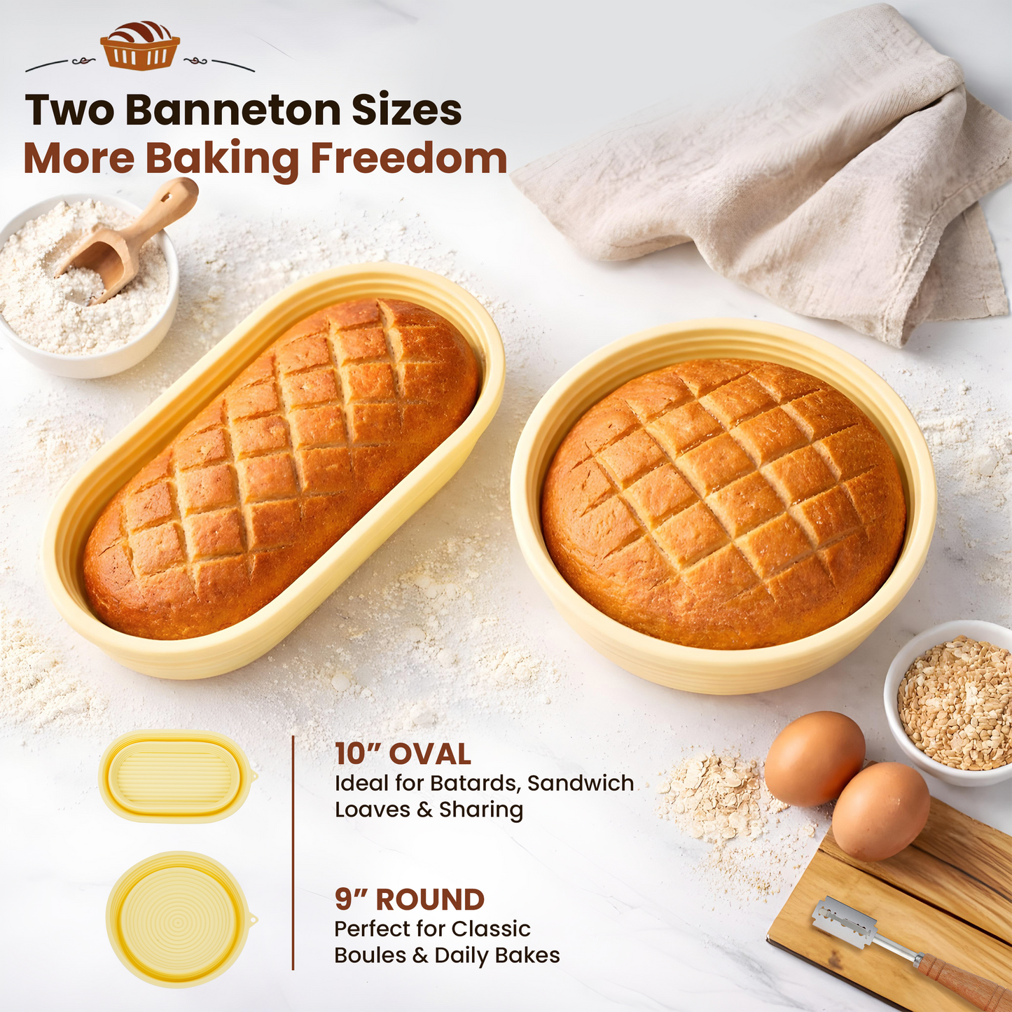 BREADCRAFT ESSENTIALS Silicone Bread Proofing Basket Set – 9-Inch Round & 10-Inch Oval